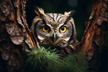 Close up of Eastern Screech Owl in tree at night