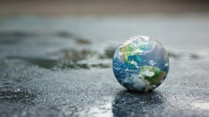 Tiny globe on wet asphalt with water drops. Save the planet concept