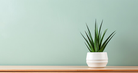 Green aloe Vera in pot on chest of drawers indoors