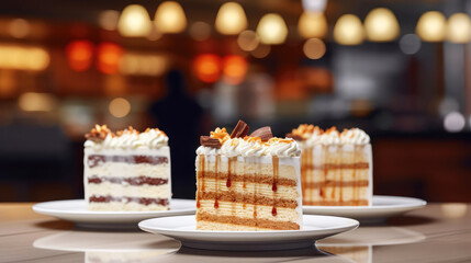 Three different layered frosted slices of cakes close up on the table in a cafe or patisserie, blurred background