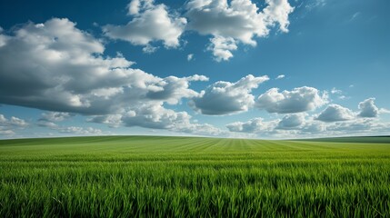 Obraz premium A panoramic image of a pristine green field, neatly mowed, set against a backdrop of a deep blue sky with light, scattered clouds, green field and blue sky with clouds