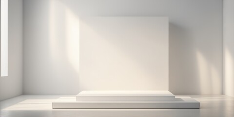 Abstract white product presentation stand on white background, empty room with shadows and sunlight on podium