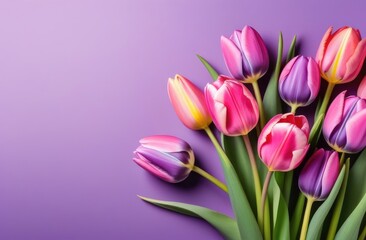 Naklejka premium A bouquet of purple tulips, pink on a purple background. A place for the text. Postcard, banner on March 8th. View from above.