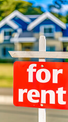 sign with the words For Rent prominently displayed in bold lettering, set against a background of a blurred house, creating a clear visual indication of a property or space available for rent