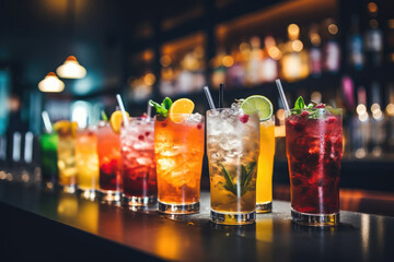 Close up of different colored drinks on the dark table in the bar or night club, blurred background