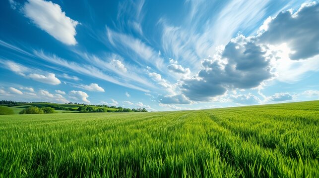 A panoramic image of a pristine green field, neatly mowed, set against a backdrop of a deep blue sky with light, scattered clouds, green field and blue sky with clouds