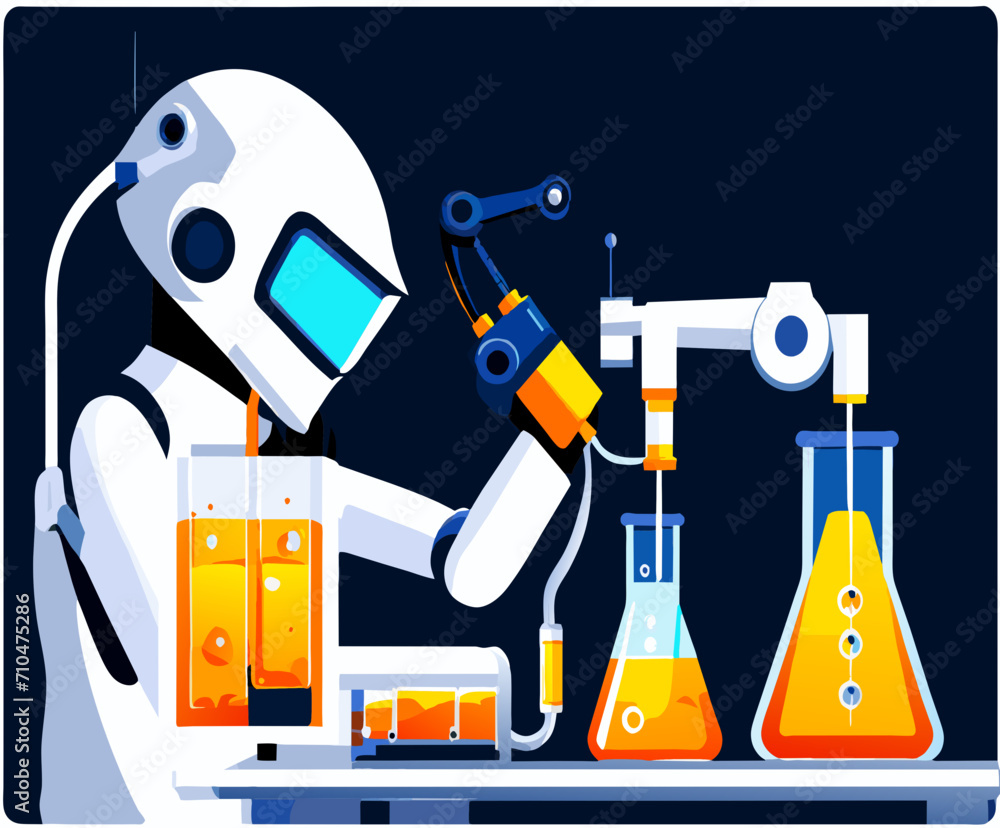 Poster robot scientist conducting experiments. vektor icon illustation