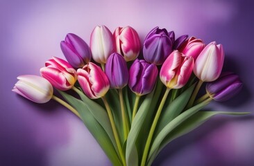 Fototapeta premium A bouquet of purple tulips, pink on a purple watercolor background. A place for the text. Postcard, banner on March 8th.