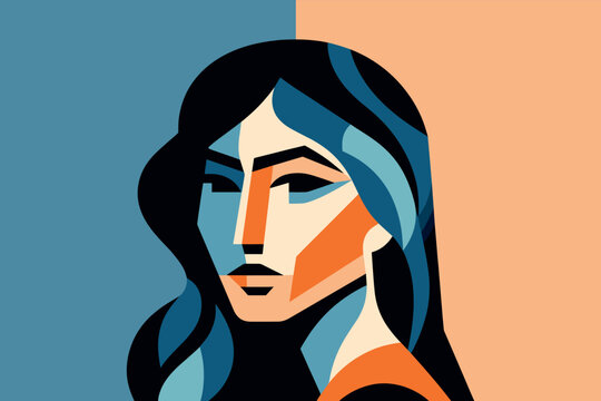 Abstract portrait of a dark-haired asian woman in cubism style. Creative colorful geometric vector art design illustration.