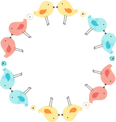 Decorative round bird frame illustration on transparent background.