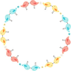 Decorative round bird frame illustration on transparent background.