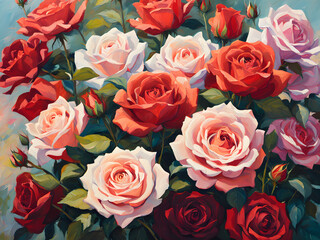acrylic-painting-depicting-a-collection-of-individual-roses-arranged-sequentially-against-a-pristine