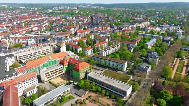 Drone flight about the new town of Dresden in spring. Drone pan left