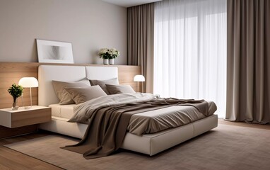 realistic photo Elegant bedroom interior design with large brown bed, beige and gray sheets, white curtains, modern lamp, night table and flower vase. generative ai