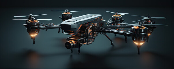 Modern drone in flyght over city or nature. Flying drone concept