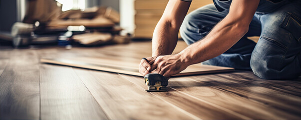 Installing or wood flooring at house. Worker Installing home wooden Floor. - obrazy, fototapety, plakaty
