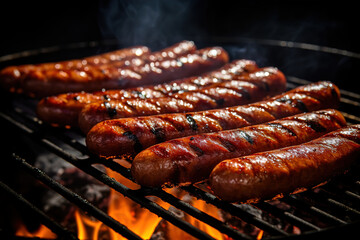 Grilled juicy sausages on a grill with fire. Shallow depth of field. Photos and menus of cafes and restaurants