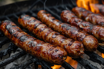 Grilled juicy sausages on a grill with fire. Shallow depth of field. Photos and menus of cafes and restaurants