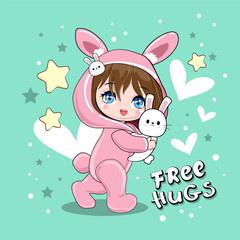 Cute cartoon anime girls and bunny on a mentol background. Anime Vector illustration print for kids. Funny rabbit