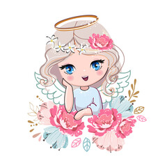 Cute cartoon little angel girl with flowers. Vector illustration for kids