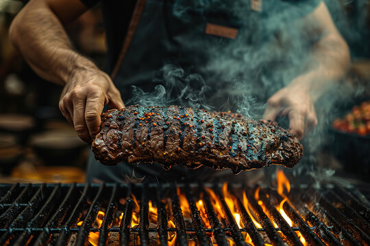 Gaucho cooking the meat on the fire, making the barbecue on the coals, Photos and menus of cafes and restaurants, Magazines