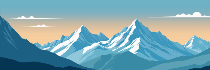 Beautiful mountain landscape, panorama of snow-covered mountains on the background of clear sky. Vector illustration - obrazy, fototapety, plakaty