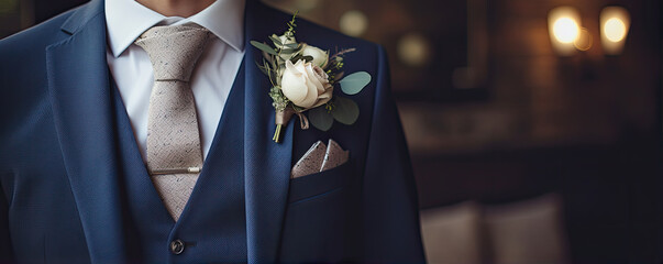 Dressed man ready for wedding, wearing a beautiful celebration suit with flowers in a pocket. banner - obrazy, fototapety, plakaty