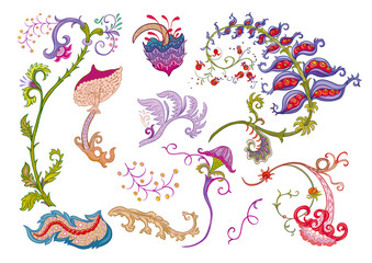 Fantasy, alien hypnotic flowers, decorative flowers and leaves. Cartoon style. Millefleurs trendy floral design. Clip art, set of elements for design Outline hand drawing vector illustration.