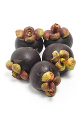 Five fresh organic mangosteen delicious fruit isolated on white background clipping path