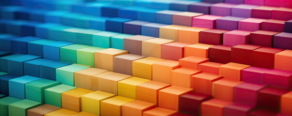 Wooden blocks in various colors like red, blue, green , orange, violet. Rainbow colors on wood...