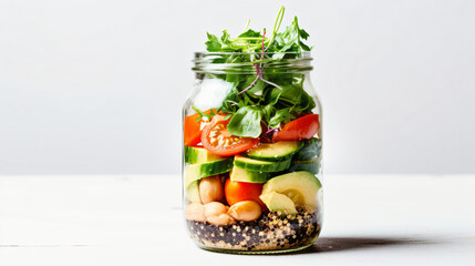 Healthy homemade salad in glass jar with quinoa