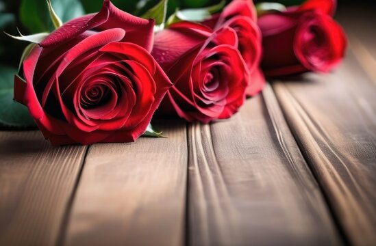 A bouquet of red roses lies on a wooden table. Space for text, free space. Background of flowers. Festive background of roses for March 8th, Valentine's day. A postcard, a banner.