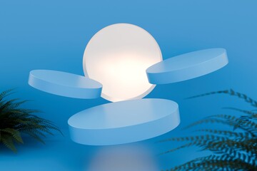 3D Render blue podium studio with geometric shapes. Platforms for product presentation, Abstract composition in minimal design. Minimal Modern Mockup Podium Display, blue abstract Background.3d render