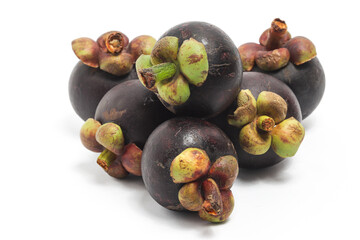 Six fresh organic mangosteen delicious fruit isolated on white background clipping path