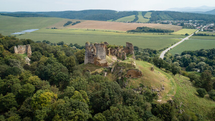 Fototapeta na wymiar Aerial view of Cicva castle ruins, Sedliska - Podcicva Village, Slovakia