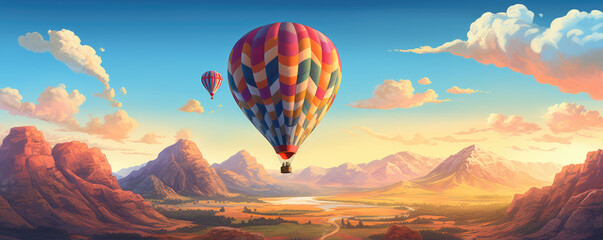 Fototapeta premium Hot air balloons flying above beautiful nature. copy space for your text.