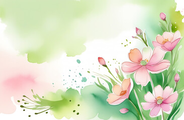 watercolor drawing banner place for text pink flowers with green stems white background