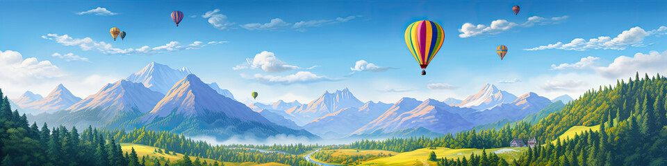 Hot air balloons flying above beautiful nature. copy space for your text.