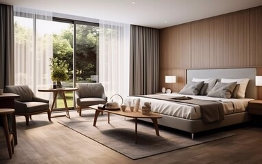 realistic photo Modern hotel room interior, equipped with table, chairs and sofa. generative ai