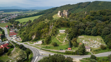 Aerial view of Cicva castle ruins, Sedliska - Podcicva Village, Slovakia