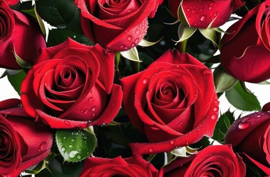 A bouquet of red roses, drops of water in close-up. Background of flowers. Festive background of roses for March 8th, Valentine's day. A postcard, a banner.