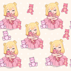 Cute cartoon little girl  in anime style with funny reddy bears toys seamless pattern. Kawaii style. Vector illustration t-shirt print