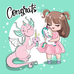 Beautiful little princess with unicorn and pink dragon. Birthday concept