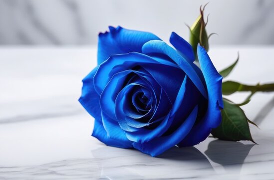 One blue rose lies on a white marble table. Space for text, free space. A holiday card, a banner. March 8th, Valentine's Day.