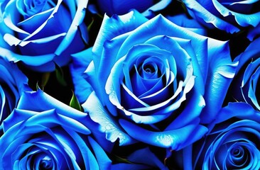 A bouquet of blue roses lies on a white marble table. Space for text, free space. A holiday card, a banner. March 8th, Valentine's Day.