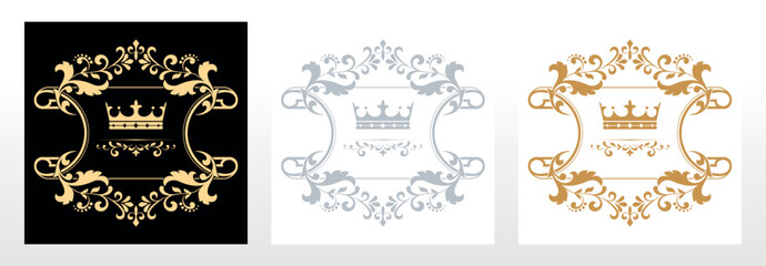 Set of decorative frames Elegant vector element for design in Eastern style, place for text. Floral black, gold and gray borders. Lace illustration for invitations and greeting cards