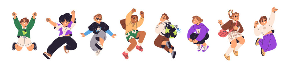 Children jump for joy set. Happy kids hands up, rejoice to success. Different cute boys and girls celebrate school holidays. Cheerful pupils fun. Flat isolated vector illustration on white background © Paper Trident