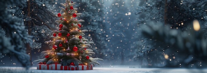 A picturesque Christmas tree, lovingly decorated with red balls and unique knitted toys, sits amidst a snowy forest clearing, creating a serene and festive outdoor scene under a gentle snowfall.