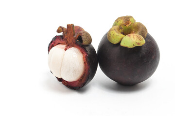 Half cut sliced and whole fresh organic mangosteen delicious fruit isolated on white background clipping path
