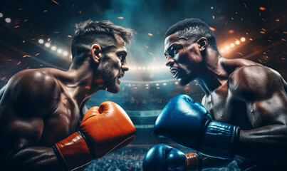 Two emotional strong man boxers in dynamic action in boxing ring - obrazy, fototapety, plakaty
